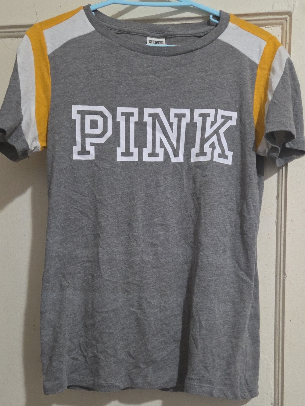PINK Victoria's Secret Gray Tee with White Logo and Light Blue Trim